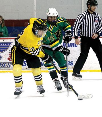 Vianney's Andrew Cook #10 and Lindbergh's Patrick Elliot #79 vie for control of the puck during the game on Saturday, Dec. 16. The Vianney Golden Griffins scored early in the game and held onto the lead for a 10-2 victory over the Lindbergh Flyers. photo 
